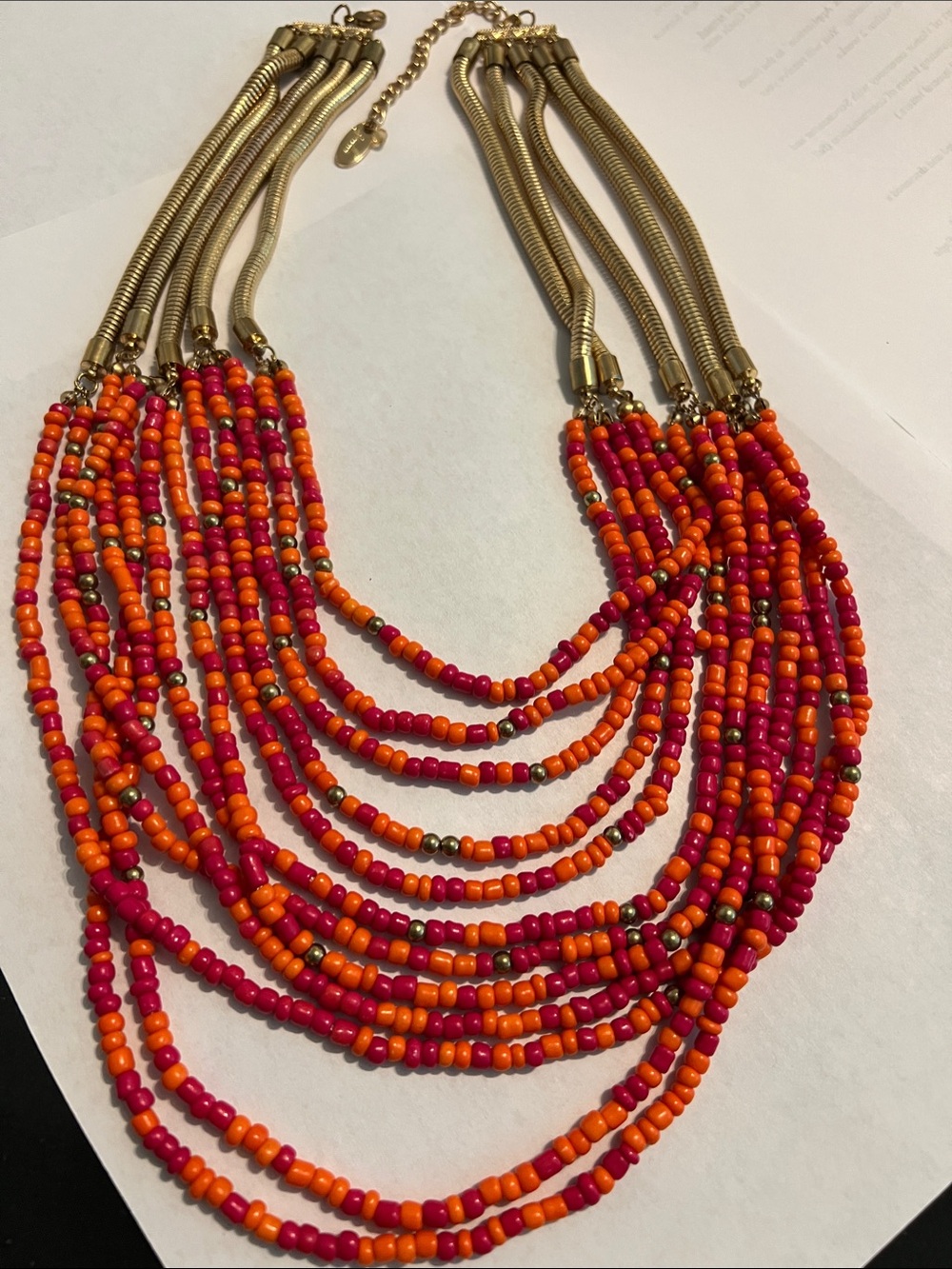 Bohemian Style Multi-Strand Orange & Pink Beaded Statement Necklace Signed Jules
